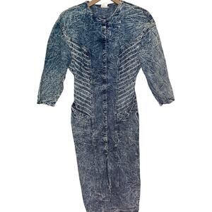 80s Vtg Womens Denim Dress Size 8 Acid Wash Full Snap Front Half Sleeve 90s